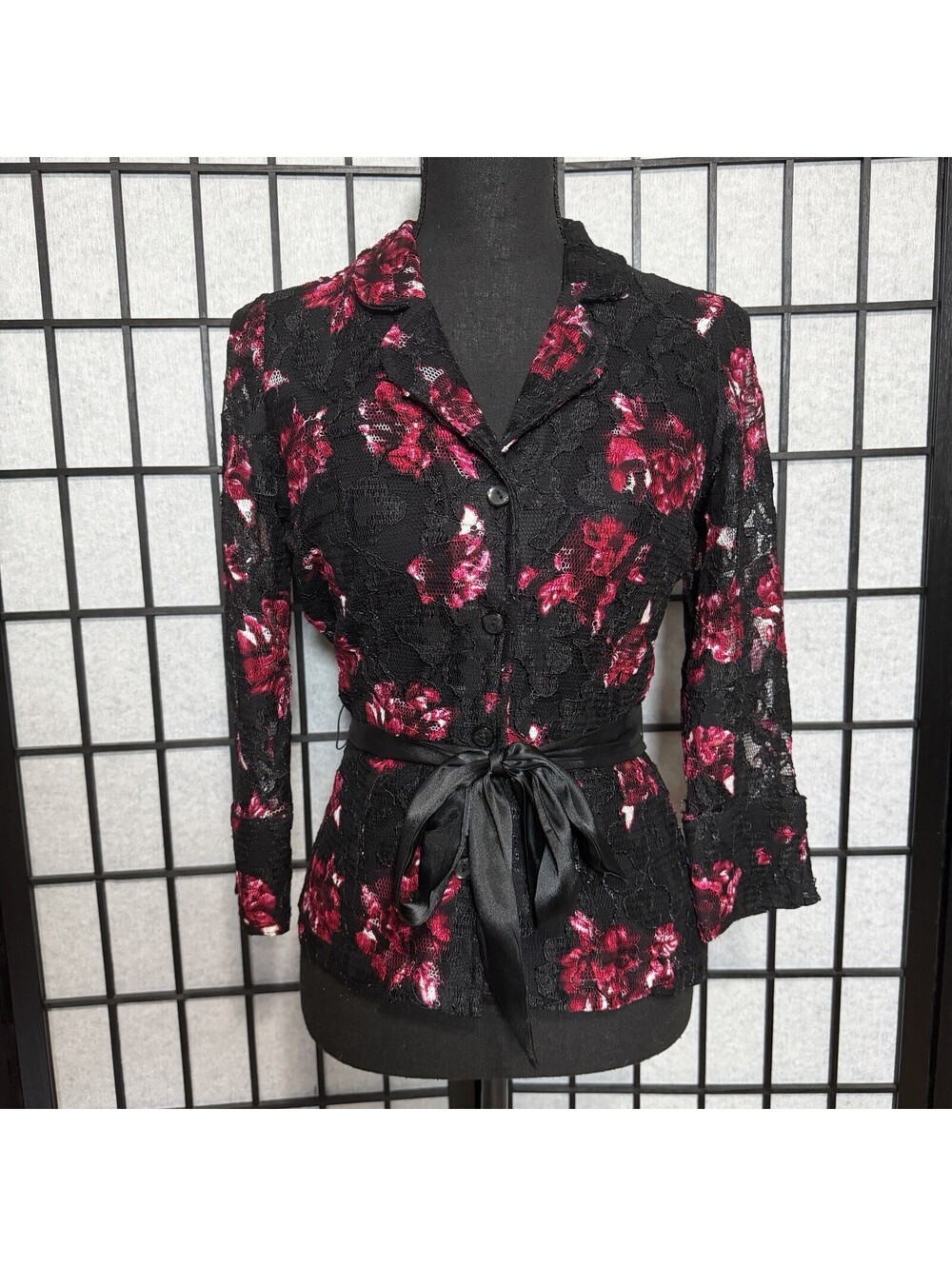 INC International Concepts Black Lace Floral Blazer Tie Waist Sz S